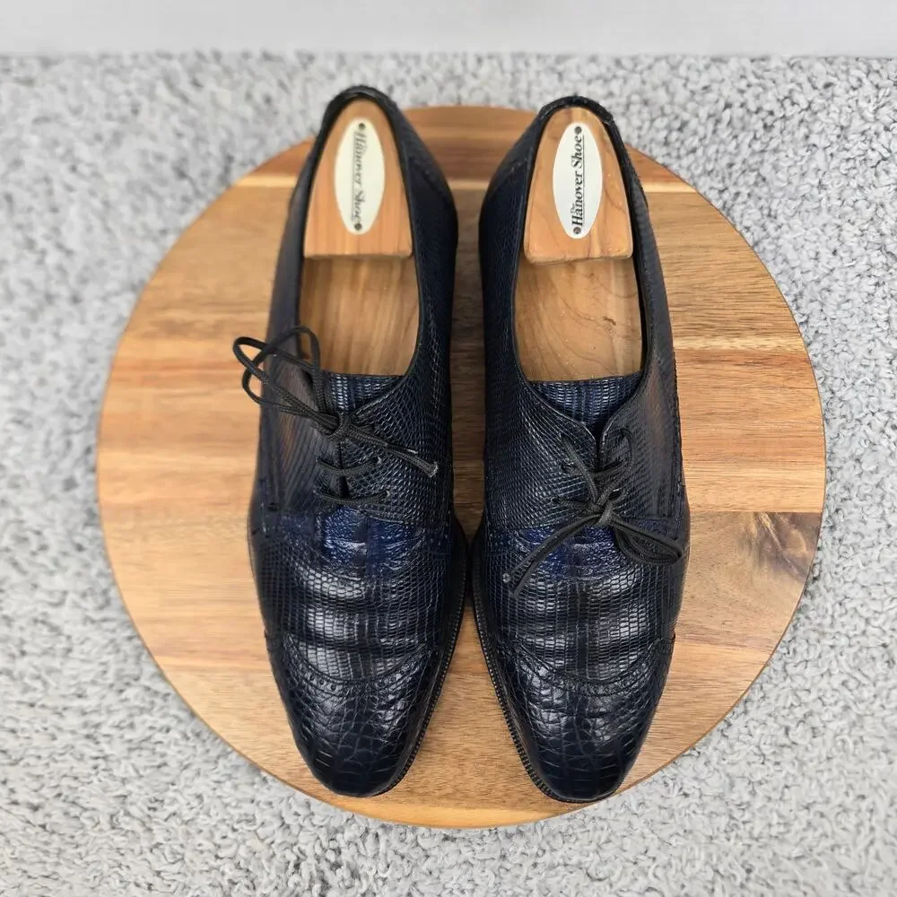 David Eden Mens 9 Navy Alligator Lizard Exotic Cap Toe Fashion Oxford Dress Shoe